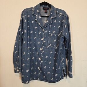 Denim & Co. Floral Embroidered Denim Buttondown Shirt Size Medium Cotton Poly